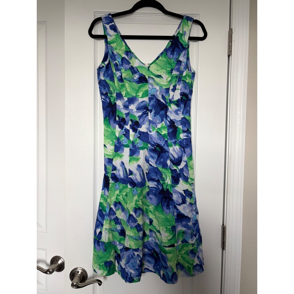 Lauren Ralph Lauren Blue Green Floral V-Neck Fit Flare Cotton Dress Size 6